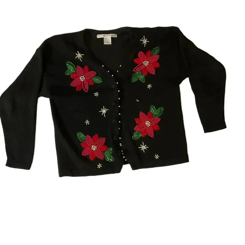 Victoria Jones Vintage Black Holiday Sweater Button Down Floral Womens Medium
